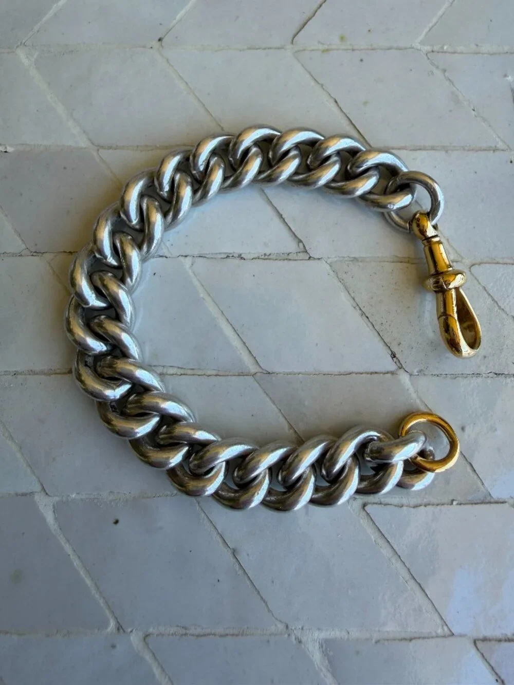 Chunky antique sterling silver curb chain bracelet with XL gold dog clip, 6.5